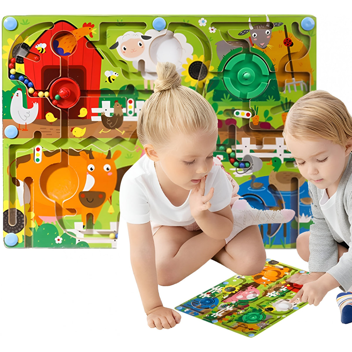 Joc Montessori de Sortare Culori si Labirint Magnetic, Jucarie Educativa de Dexteritate, Model Ferma cu Animale, Lemn Natural, 39x29x1.5 cm