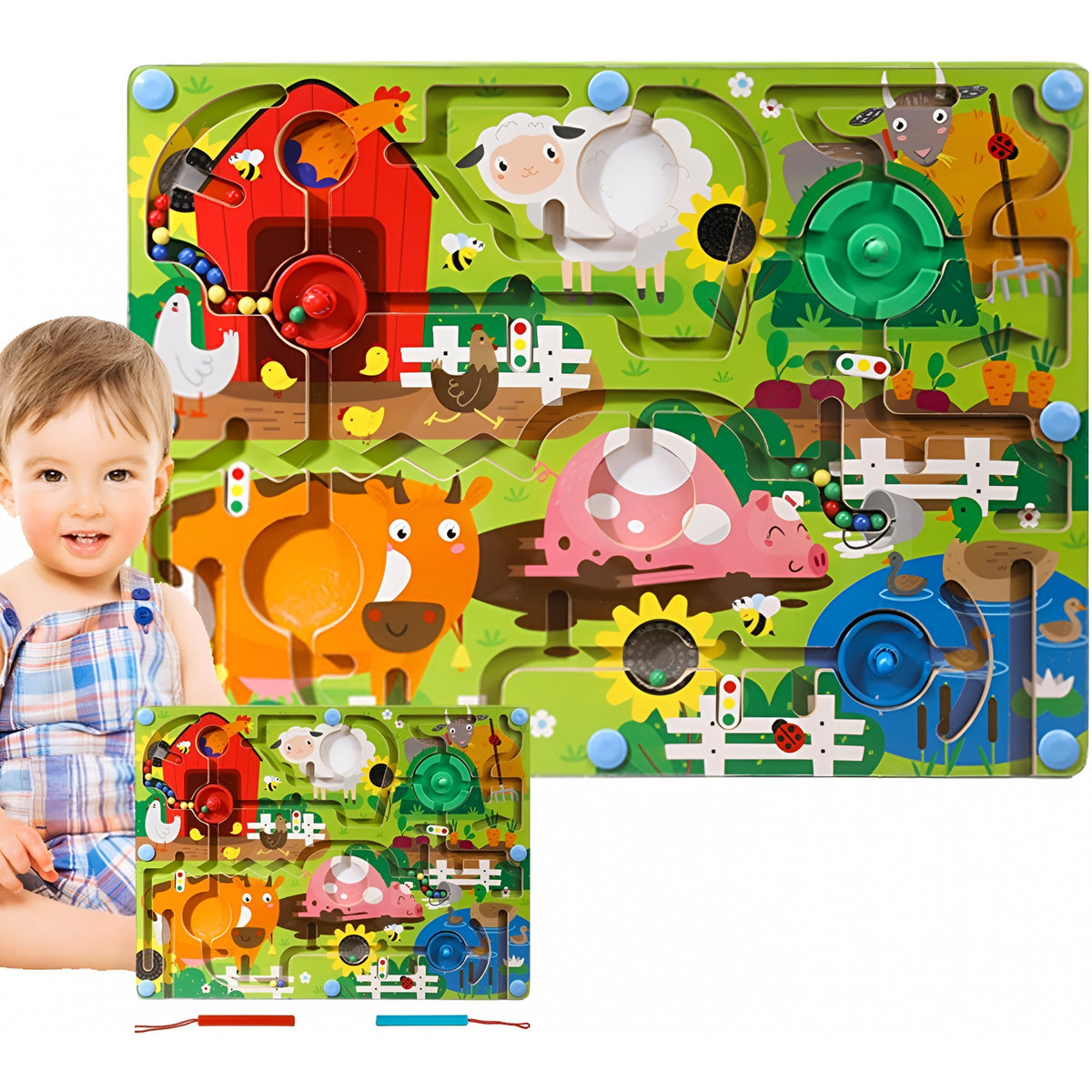 Joc Montessori de Sortare Culori si Labirint Magnetic, Jucarie Educativa de Dexteritate, Model Ferma cu Animale, Lemn Natural, 39x29x1.5 cm