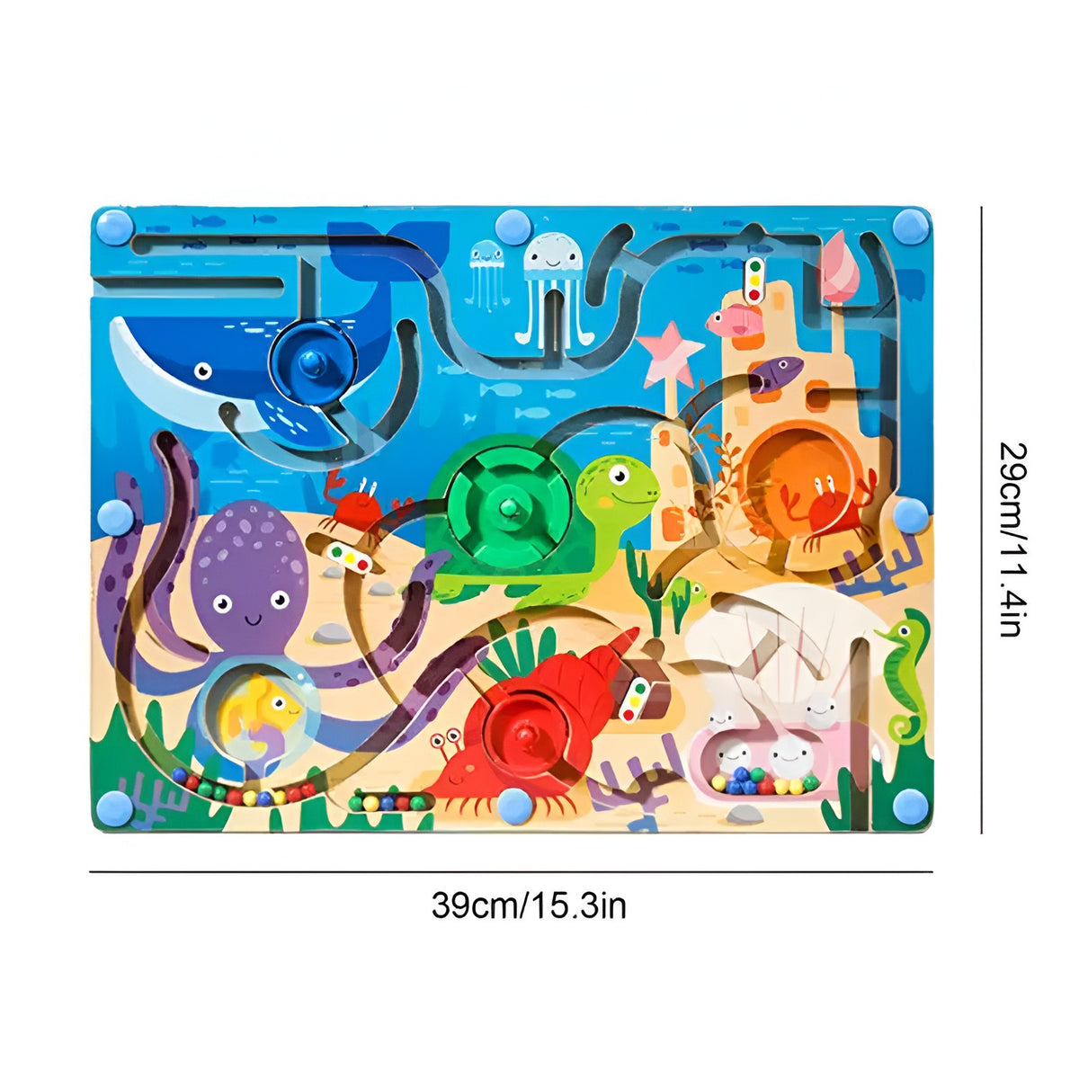 Joc Montessori de Sortare Culori, Labirint Magnetic cu Creion, Jucarie Educativa de Coordonare, Lemn Natural, Model Animale Marine, 39x29x1.5 cm