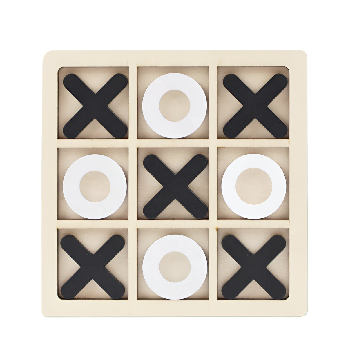 Joc Montessori Tic Tac Toe, Puzzle Educativ si Interactiv X si 0, Lemn, 9 Piese, 14.3x14.3 cm, Alb/Negru