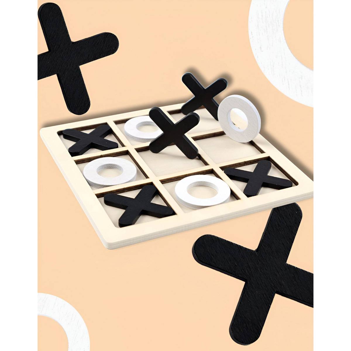Joc Montessori Tic Tac Toe, Puzzle Educativ si Interactiv X si 0, Lemn, 9 Piese, 14.3x14.3 cm, Alb/Negru