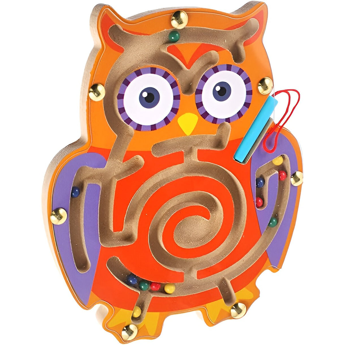 Joc cu Bile din Lemn tip Montessori, Berbis, Model Bufnita, Creion Magnetic, Tip Labirint, din Lemn, 18.5x17.5 cm, Portocaliu-Mov