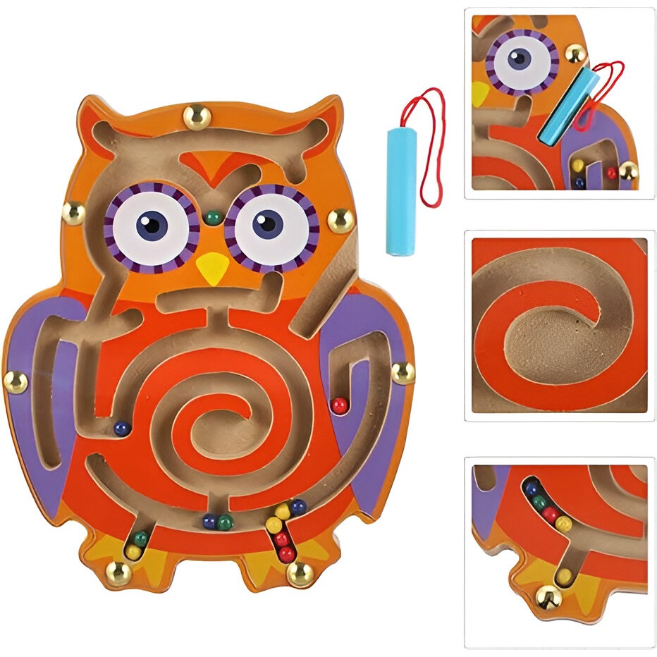 Joc cu Bile din Lemn tip Montessori, Berbis, Model Bufnita, Creion Magnetic, Tip Labirint, din Lemn, 18.5x17.5 cm, Portocaliu-Mov