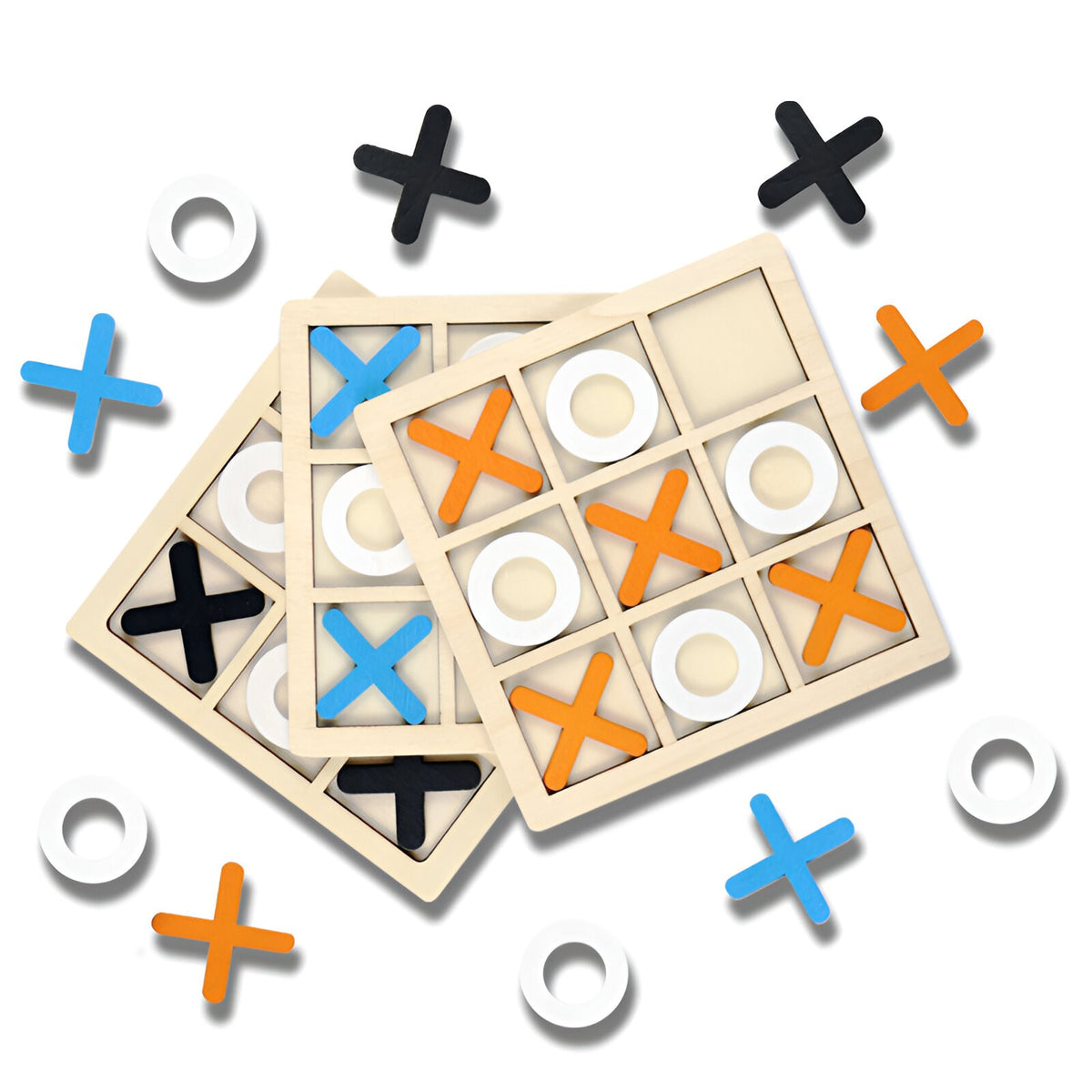 Jucarie din lemn Tic Tac Toe tip Montessori, Berbis, Educativa, Interactiva, X si O, 9 Piese, 14.3x14.3 cm, Portocaliu Alb