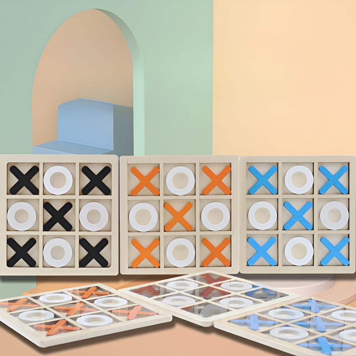 Jucarie din lemn Tic Tac Toe tip Montessori, Berbis, Educativa, Interactiva, X si O, 9 Piese, 14.3x14.3 cm, Portocaliu Alb