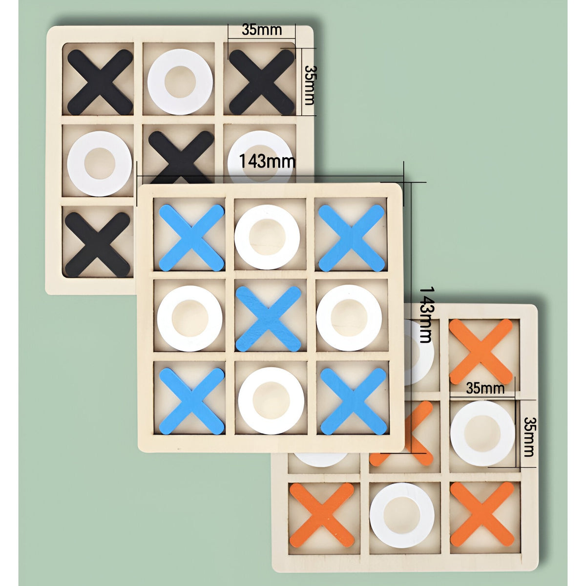 Jucarie din lemn Tic Tac Toe tip Montessori, Berbis, Educativa, Interactiva, X si O, 9 Piese, 14.3x14.3 cm, Portocaliu Alb