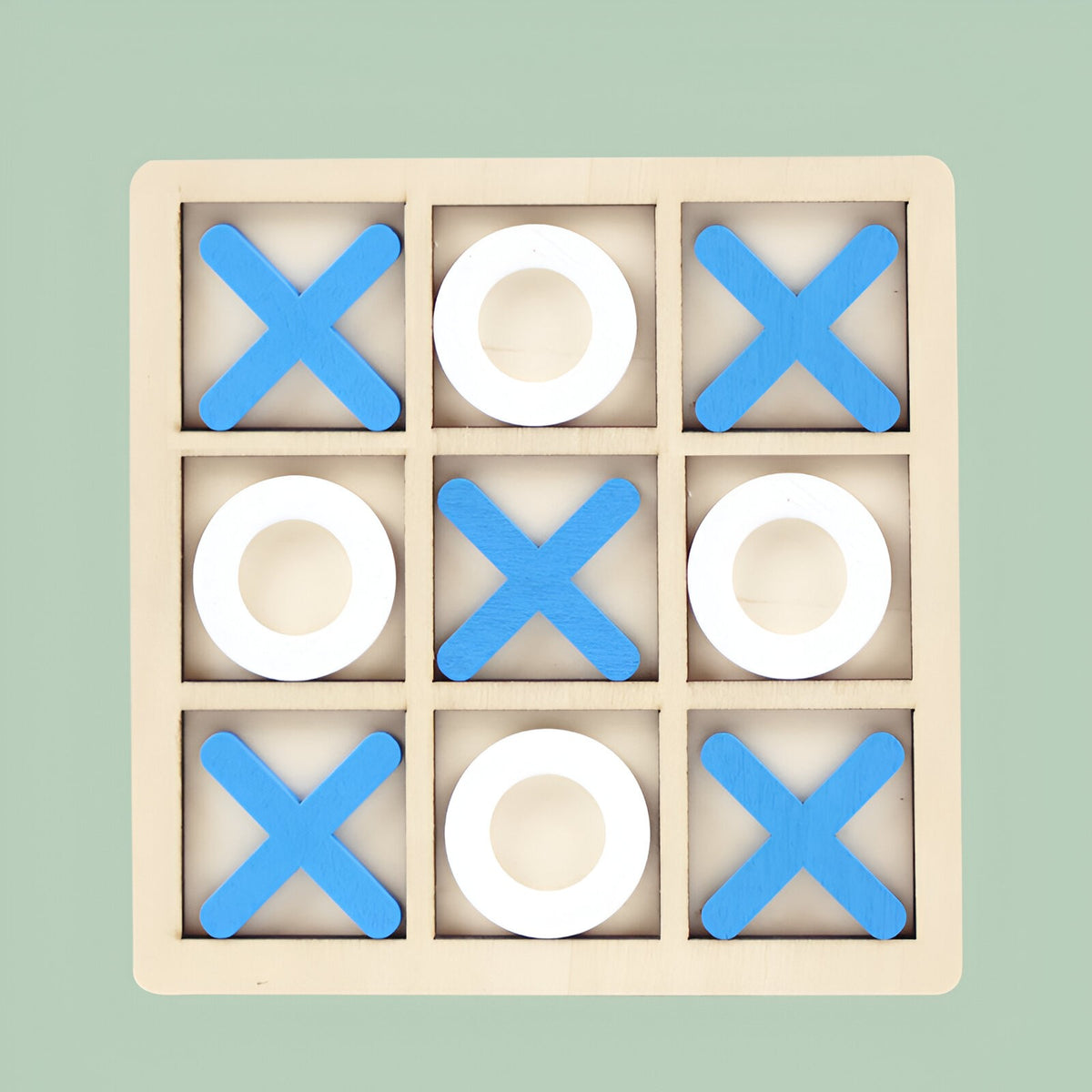 Jucarie Montessori Tic Tac Toe, Joc Educativ X si 0, Puzzle pentru Dezvoltarea Logicii, Lemn, 9 Piese, 14.3x14.3 cm, Albastru/Alb