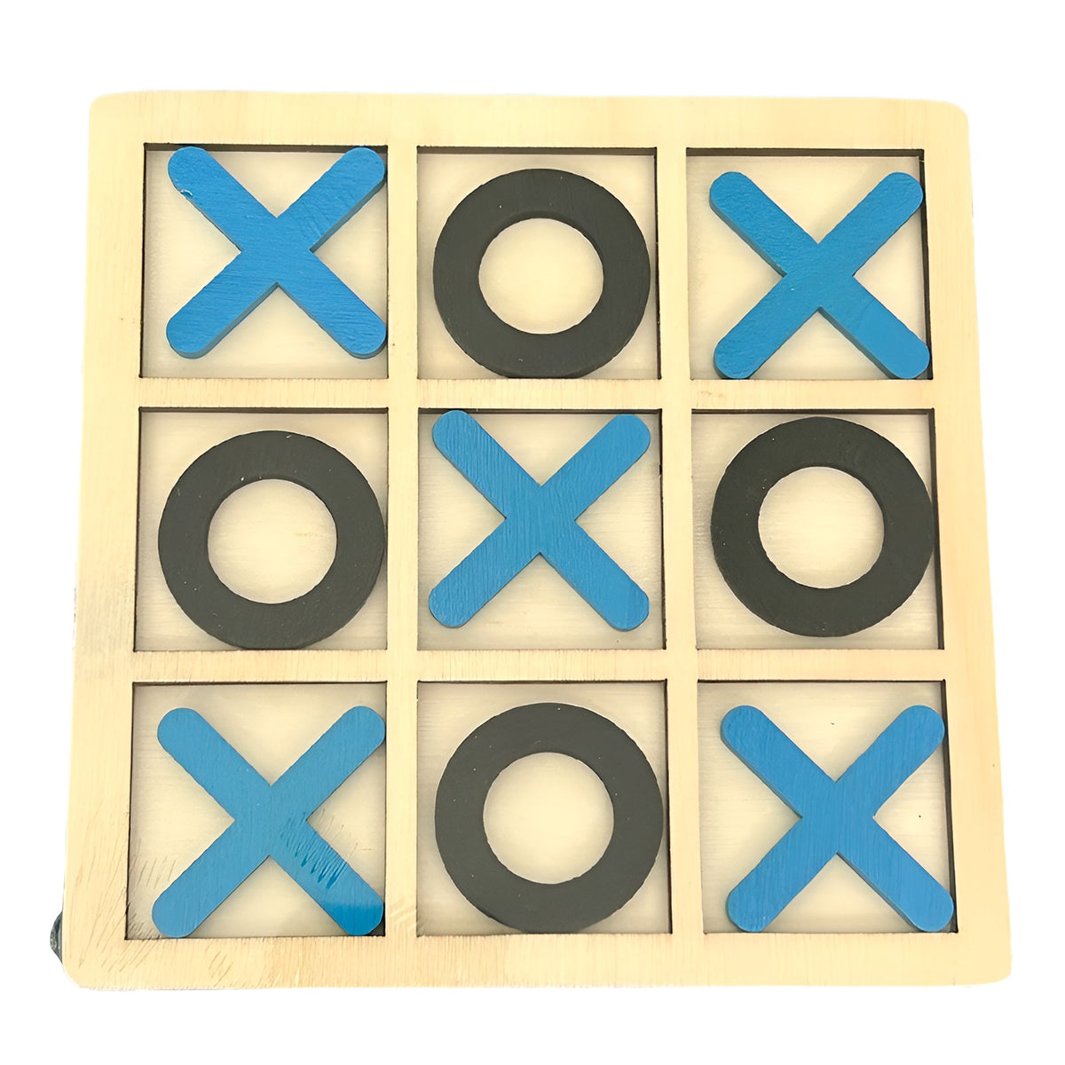Joc Montessori Tic Tac Toe, Puzzle Educativ X si 0 pentru Dezvoltarea Logicii, Interactiv, Lemn, 9 Piese, 14.3x14.3 cm, Albastru/Negru