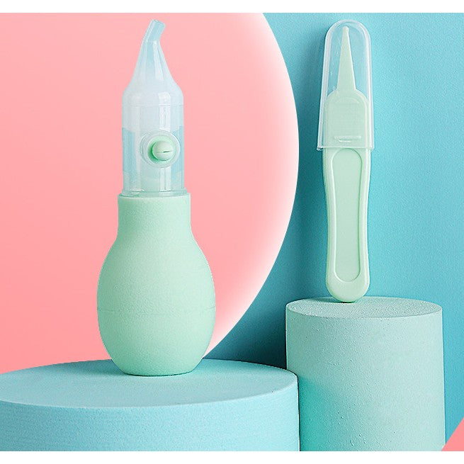 Aspirator Nazal pentru Copii si Bebelusi, Pompa Manuala Anti-Reflux cu Varf Silicon si Penseta, Fara BPA, Reutilizabil, Verde, 2 Piese