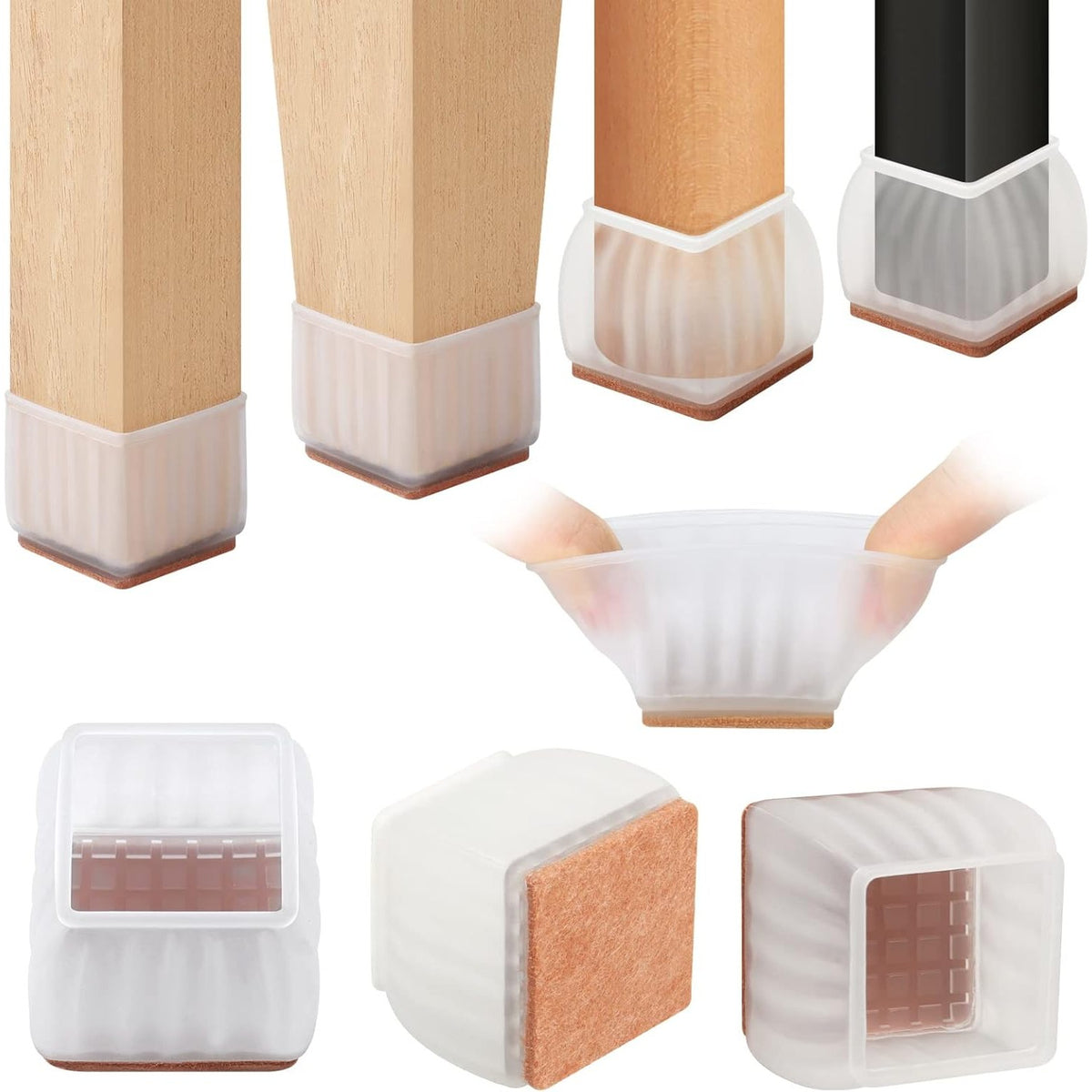 Set 16 Protectii din Silicon pentru Picioare Scaun si Podea, Protectie Antizgarieturi si Antizgomot, Forma Patrata, Material Flexibil, Transparent, 16 Bucati