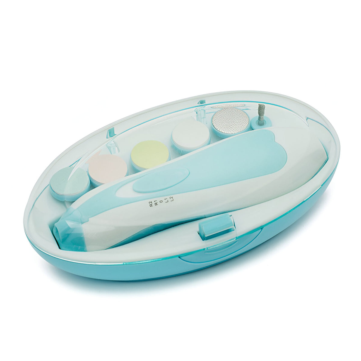 Pila Electrica Unghii pentru Bebelusi si Copii, Set Manichiura cu Motor Silentios si Lumina LED, Material ABS, 6 Capete Inlocuibile, Albastru/Alb