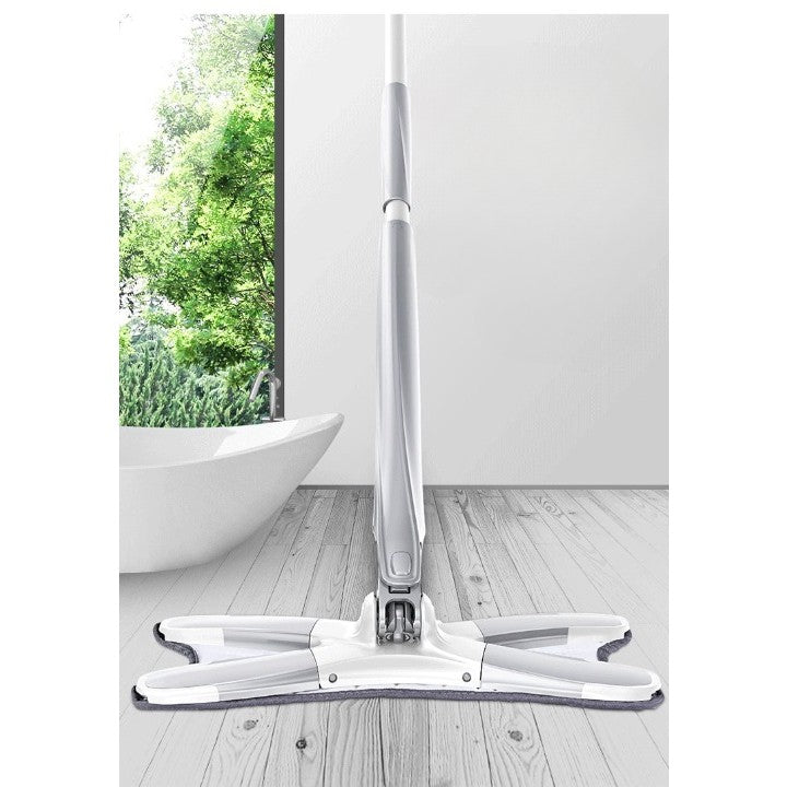 Mop Plat cu Sistem de Stoarcere Automata si Cap Rotativ 360 Grade, Tija Telescopica din Otel Inoxidabil 140 cm, 4 Lavete Microfibra Incluse, Argintiu