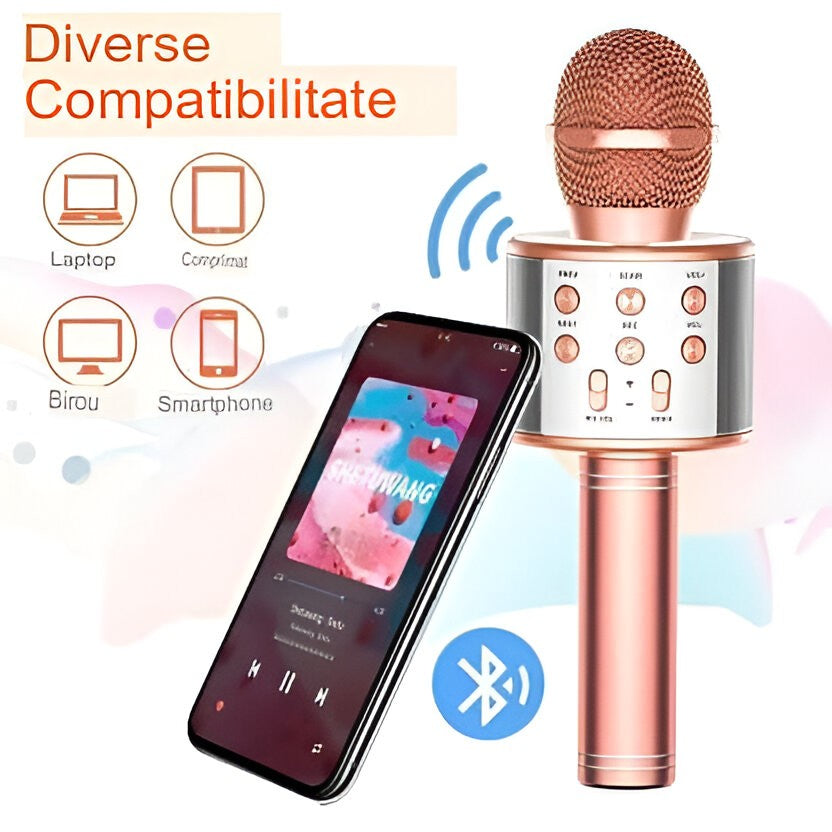 Microfon Karaoke Wireless, Bluetooth cu Boxa Incorporata, Sistem Portabil 3 in 1 cu Inregistrare si Modulator Voce, Acumulator Reincarcabil, Compatibil Smartphone, Rose Gold