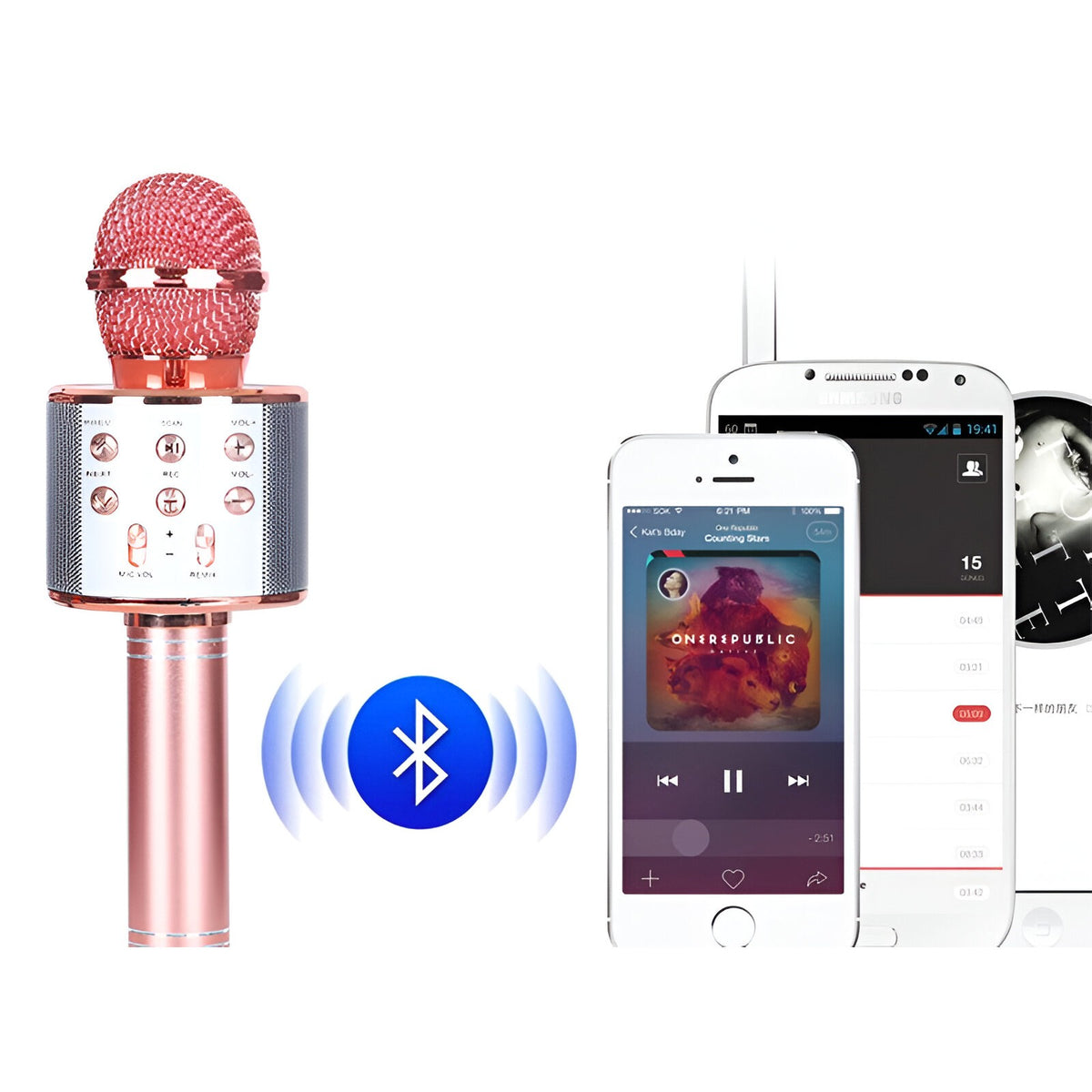 Microfon Karaoke Wireless, Bluetooth cu Boxa Incorporata, Sistem Portabil 3 in 1 cu Inregistrare si Modulator Voce, Acumulator Reincarcabil, Compatibil Smartphone, Rose Gold