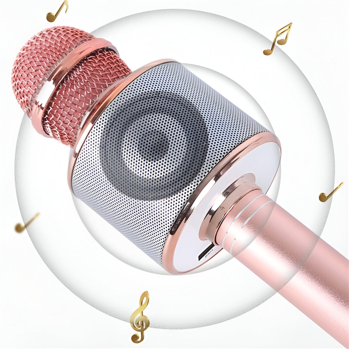 Microfon Karaoke Wireless, Bluetooth cu Boxa Incorporata, Sistem Portabil 3 in 1 cu Inregistrare si Modulator Voce, Acumulator Reincarcabil, Compatibil Smartphone, Rose Gold