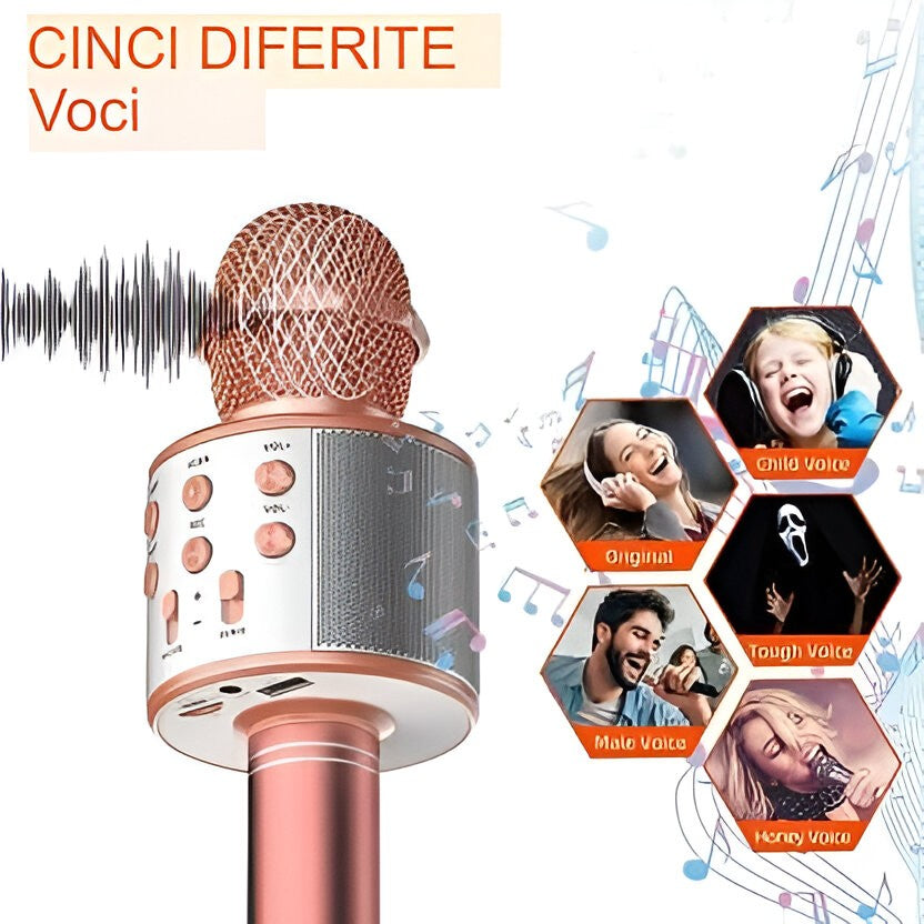 Microfon Karaoke Wireless, Bluetooth cu Boxa Incorporata, Sistem Portabil 3 in 1 cu Inregistrare si Modulator Voce, Acumulator Reincarcabil, Compatibil Smartphone, Rose Gold