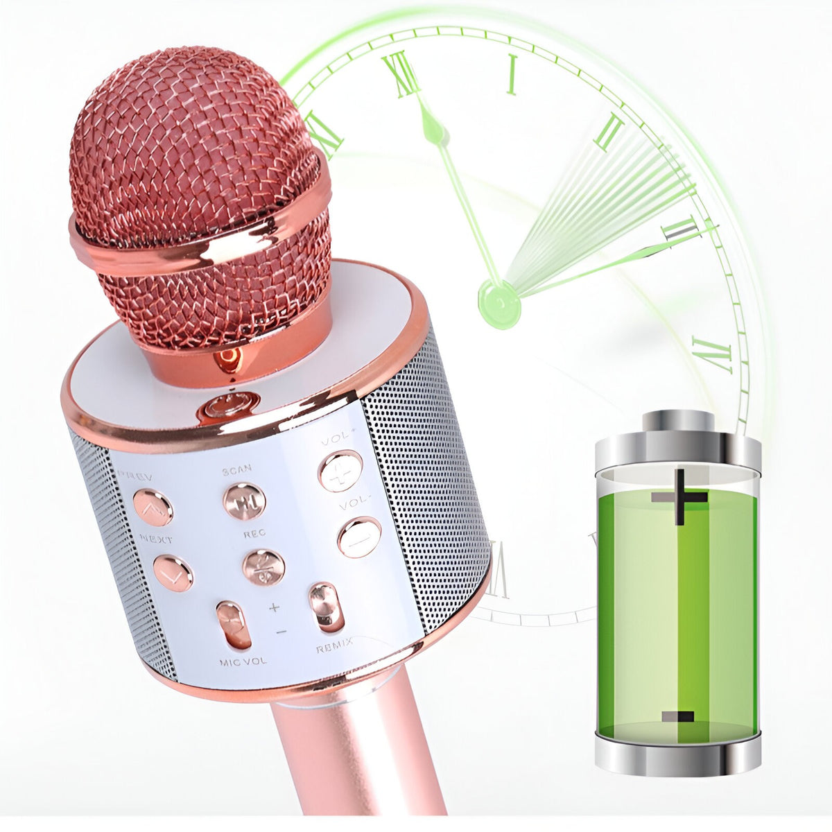 Microfon Karaoke Wireless, Bluetooth cu Boxa Incorporata, Sistem Portabil 3 in 1 cu Inregistrare si Modulator Voce, Acumulator Reincarcabil, Compatibil Smartphone, Rose Gold