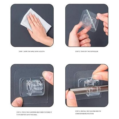 Set 2 Carlige Adezive Pentru Tija Suspendare, Suport Autoadeziv Perete Rezistent La Apa, Sarcina 5 kg, Plastic, 6x6x4 cm, Transparent