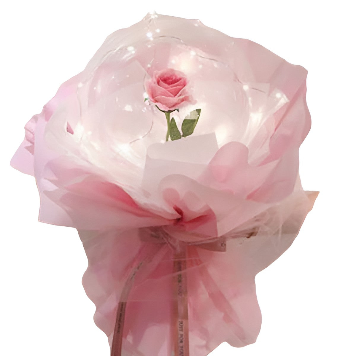 Trandafir Artificial in Balon Transparent cu Lumini LED, Tip Buchet Decorativ, Banda 3 m, Diametru 35 cm, Roz