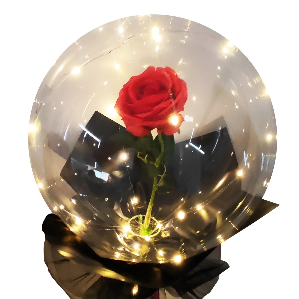 Trandafir Artificial in Balon Transparent cu Lumini LED, Buchet Cadou Decorativ, Banda 3 m, Diametru 35 cm, Rosu