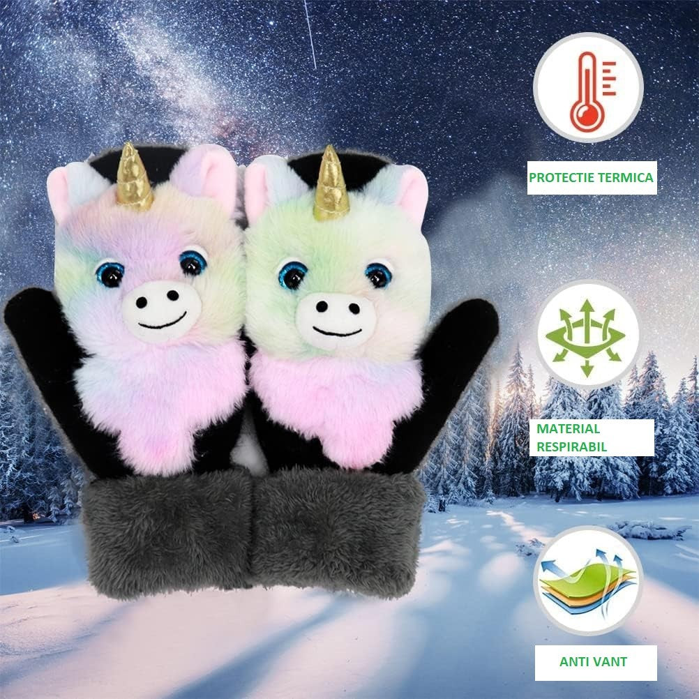 Manusi Iarna pentru Copii, Model Unicorn 3D, Protectie Termica si Anti-vant, Plus Moale cu Umplutura Bumbac, Roz si Negru, 24 x 20 x 3 cm