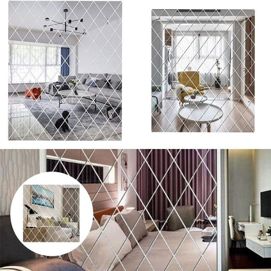 Wallgem, Set 32 Oglinzi Autocolante pentru Perete, Design 3D in Forma de Romb, Stickere Reflectorizante, Acril, 14.2 x 23.6 cm, Argintiu