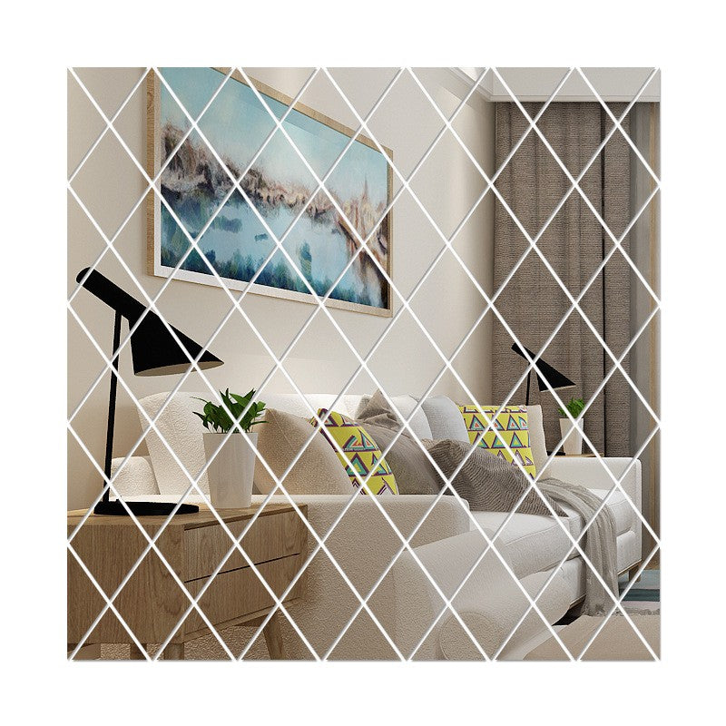 Wallgem, Set 32 Oglinzi Autocolante pentru Perete, Design 3D in Forma de Romb, Stickere Reflectorizante, Acril, 14.2 x 23.6 cm, Argintiu