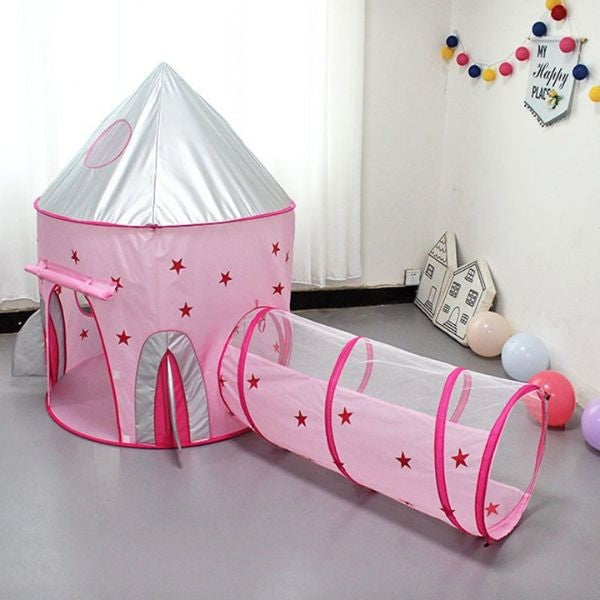 Set de Joaca pentru Copii 3-in-1, Cort Racheta Spatiala cu Tunel si Piscina pentru Bile, Poliester, 290 x 120 x 135 cm, Albastru/Roz