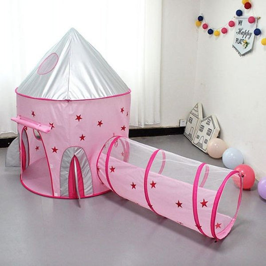 Set de Joaca pentru Copii 3-in-1, Cort Racheta Spatiala cu Tunel si Piscina pentru Bile, Poliester, 290 x 120 x 135 cm, Albastru/Roz