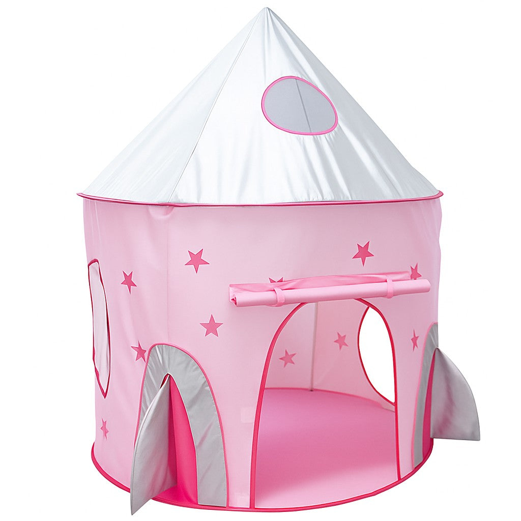 Set de Joaca pentru Copii 3-in-1, Cort Racheta Spatiala cu Tunel si Piscina pentru Bile, Poliester, 290 x 120 x 135 cm, Albastru/Roz