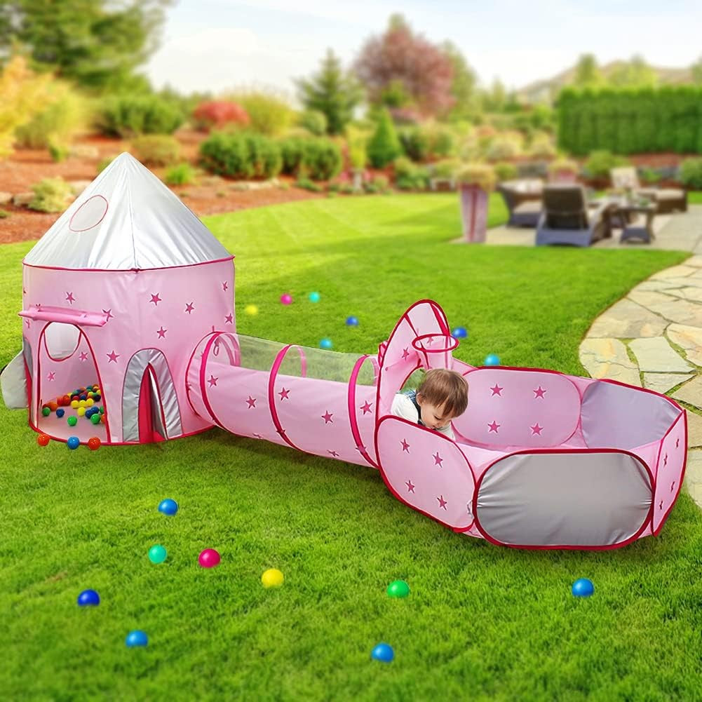 Set de Joaca pentru Copii 3-in-1, Cort Racheta Spatiala cu Tunel si Piscina pentru Bile, Poliester, 290 x 120 x 135 cm, Albastru/Roz