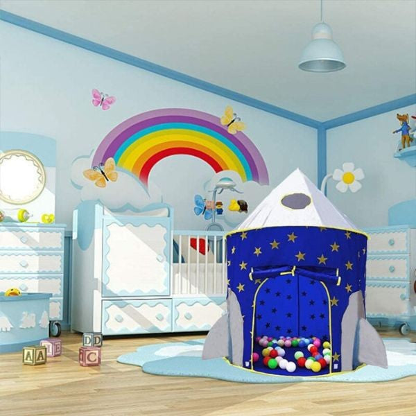 Set de Joaca pentru Copii, Cort Racheta Spatiala cu Tunel si Piscina Bile, Poliester, 290 x 120 x 135 cm, Albastru, 4 Piese