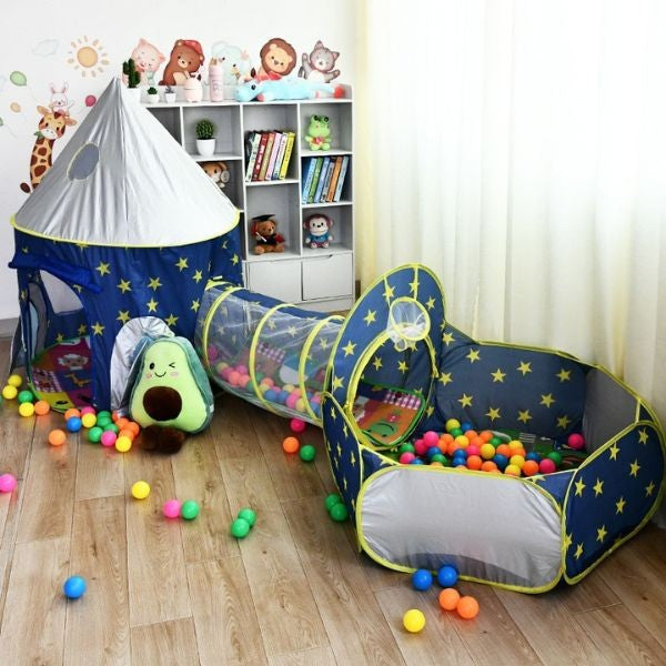Set de Joaca pentru Copii, Cort Racheta Spatiala cu Tunel si Piscina Bile, Poliester, 290 x 120 x 135 cm, Albastru, 4 Piese