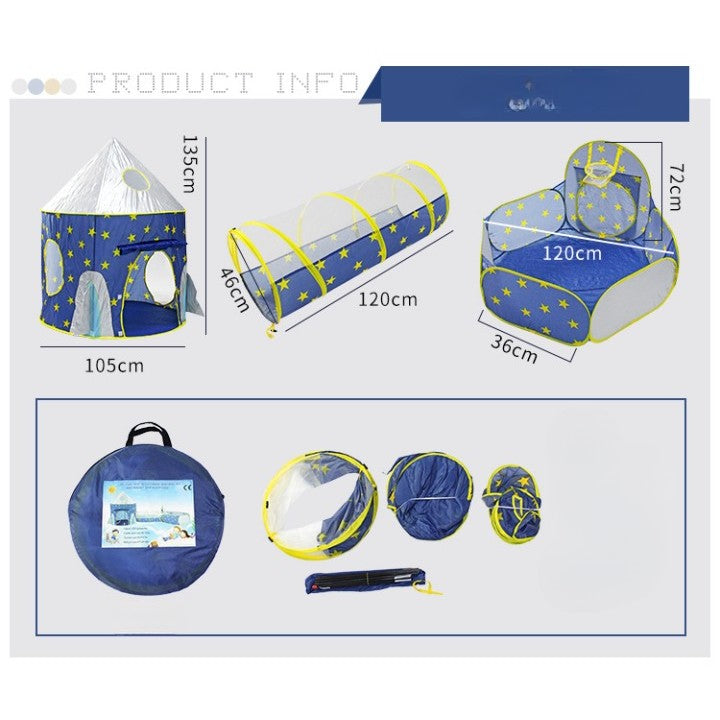 Set de Joaca pentru Copii, Cort Racheta Spatiala cu Tunel si Piscina Bile, Poliester, 290 x 120 x 135 cm, Albastru, 4 Piese