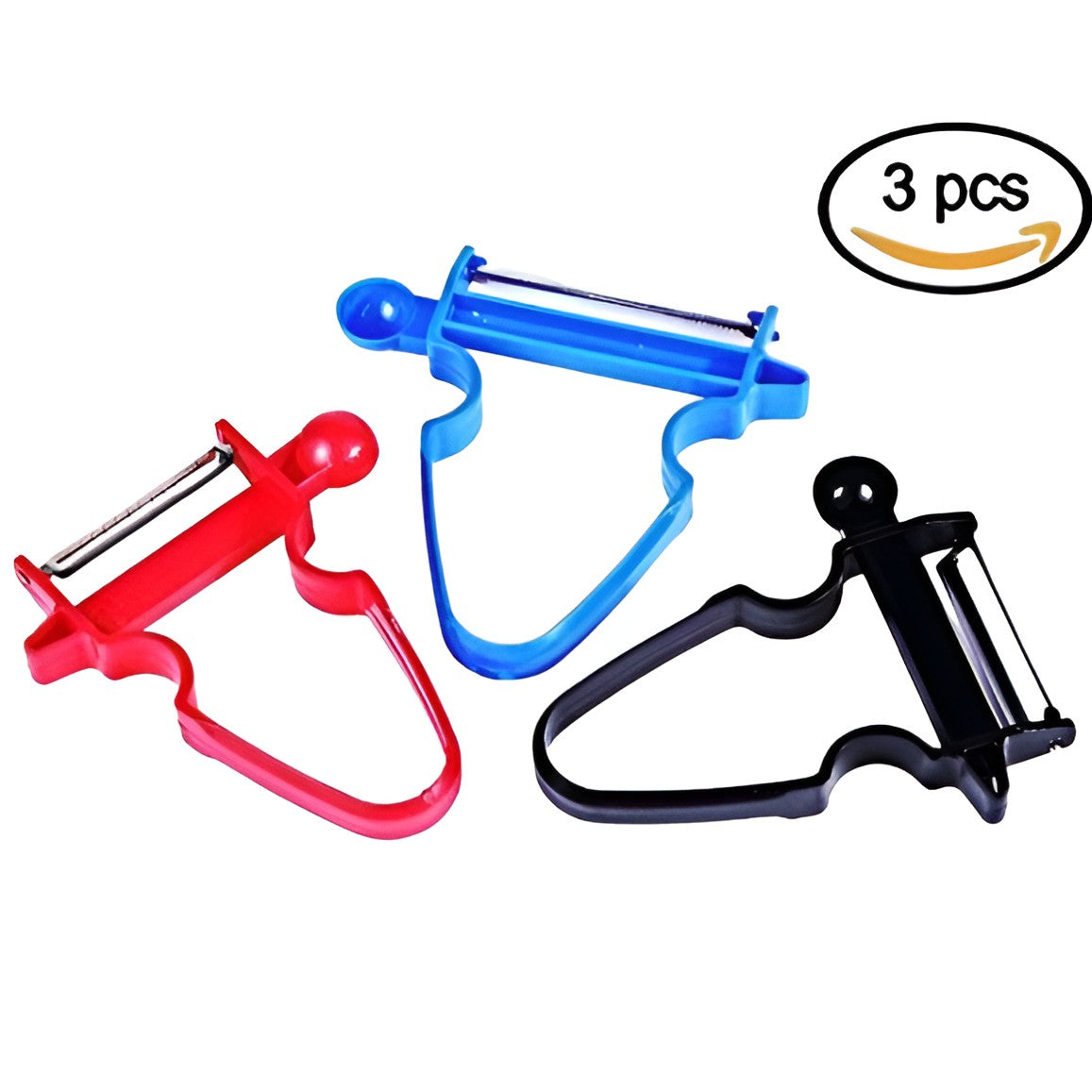 Set 3 Decoijtoare Multifuncționale pentru Legume și Fructe, Lame din Oțel Inoxidabil, Mâner Ergonomic Antiderapant, Set pentru Curățare, Feliere și Tăiere Julienne, Negru-Roșu-Albastru, 3 Piese