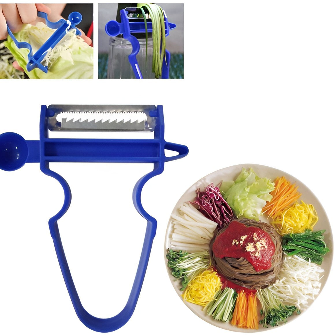 Set 3 Decoijtoare Multifuncționale pentru Legume și Fructe, Lame din Oțel Inoxidabil, Mâner Ergonomic Antiderapant, Set pentru Curățare, Feliere și Tăiere Julienne, Negru-Roșu-Albastru, 3 Piese