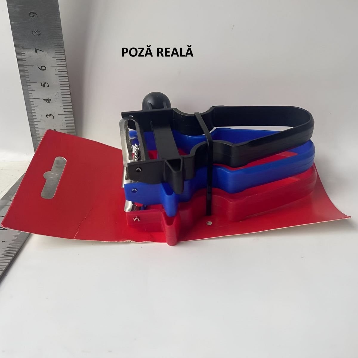 Set 3 Decoijtoare Multifuncționale pentru Legume și Fructe, Lame din Oțel Inoxidabil, Mâner Ergonomic Antiderapant, Set pentru Curățare, Feliere și Tăiere Julienne, Negru-Roșu-Albastru, 3 Piese