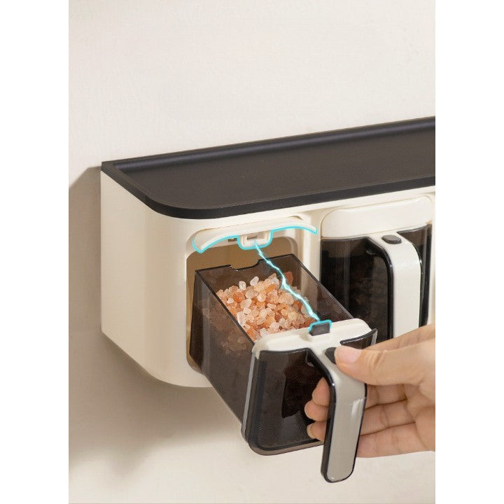 Organizator Condimente Suspendat, Cutie Depozitare cu Montare pe Perete Fara Gaurire, Set 3 Compartimente Etanse cu Lingurite, Plastic, 25.8 x 13.6 x 10.5 cm, Alb-Negru