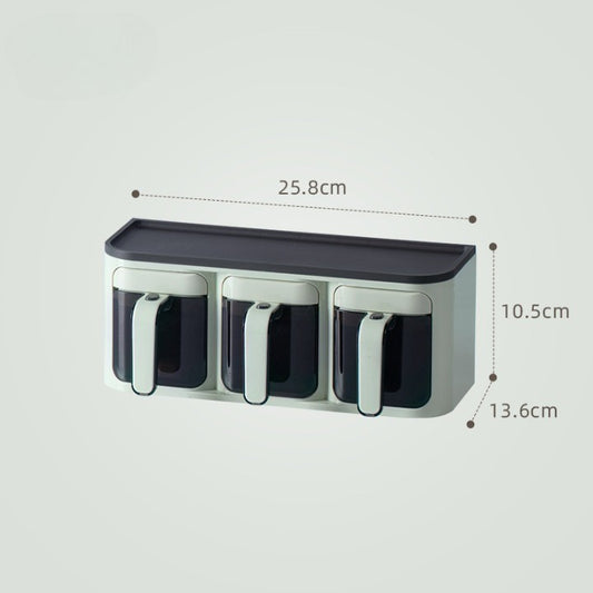 Organizator Condimente Montare Pe Perete, Cutie Depozitare Etansa Fara Gaurire, Plastic Rezistent, 3 Compartimente cu Lingurite, 25.8 x 13.6 x 10.5 cm, Verde-Negru