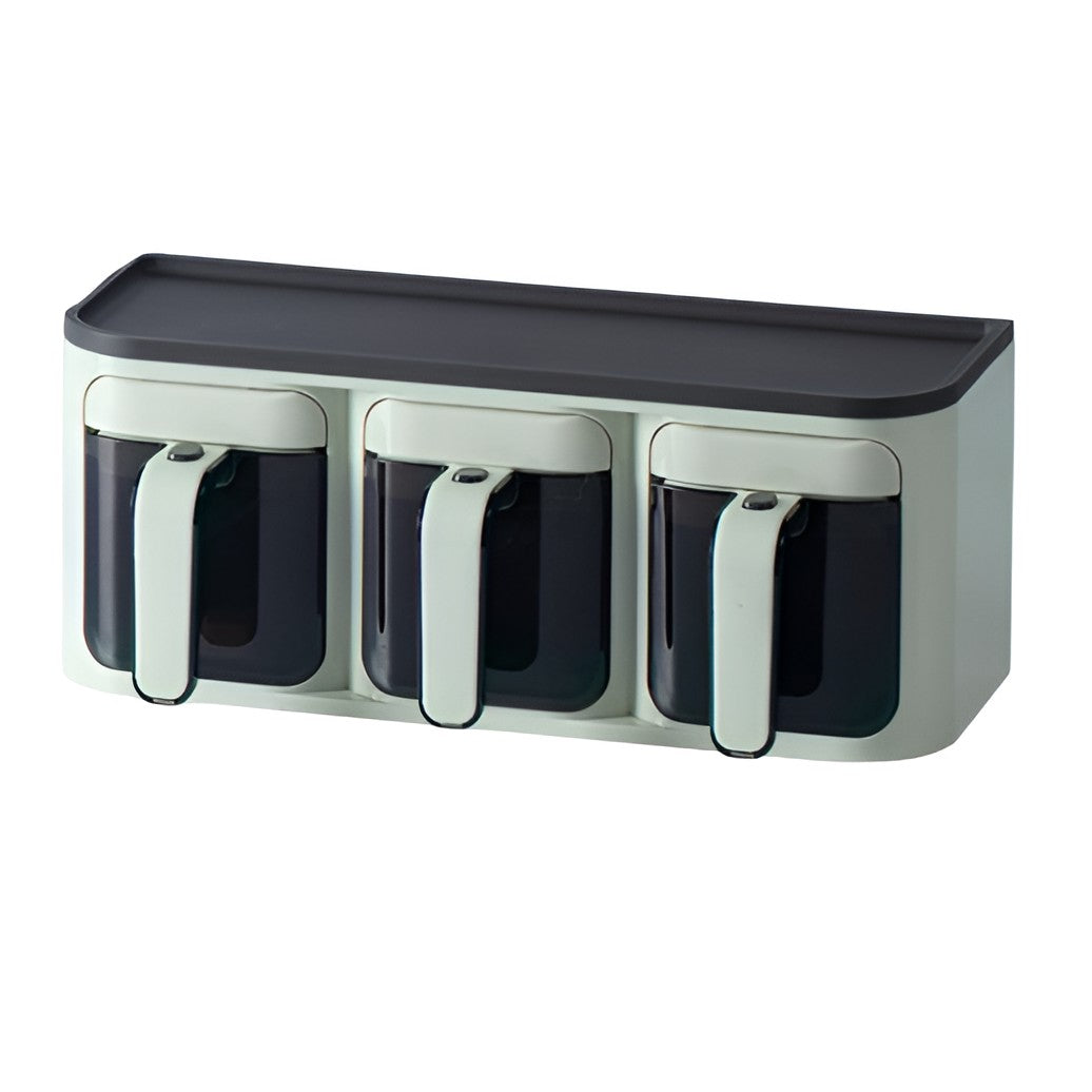 Organizator Condimente Montare Pe Perete, Cutie Depozitare Etansa Fara Gaurire, Plastic Rezistent, 3 Compartimente cu Lingurite, 25.8 x 13.6 x 10.5 cm, Verde-Negru