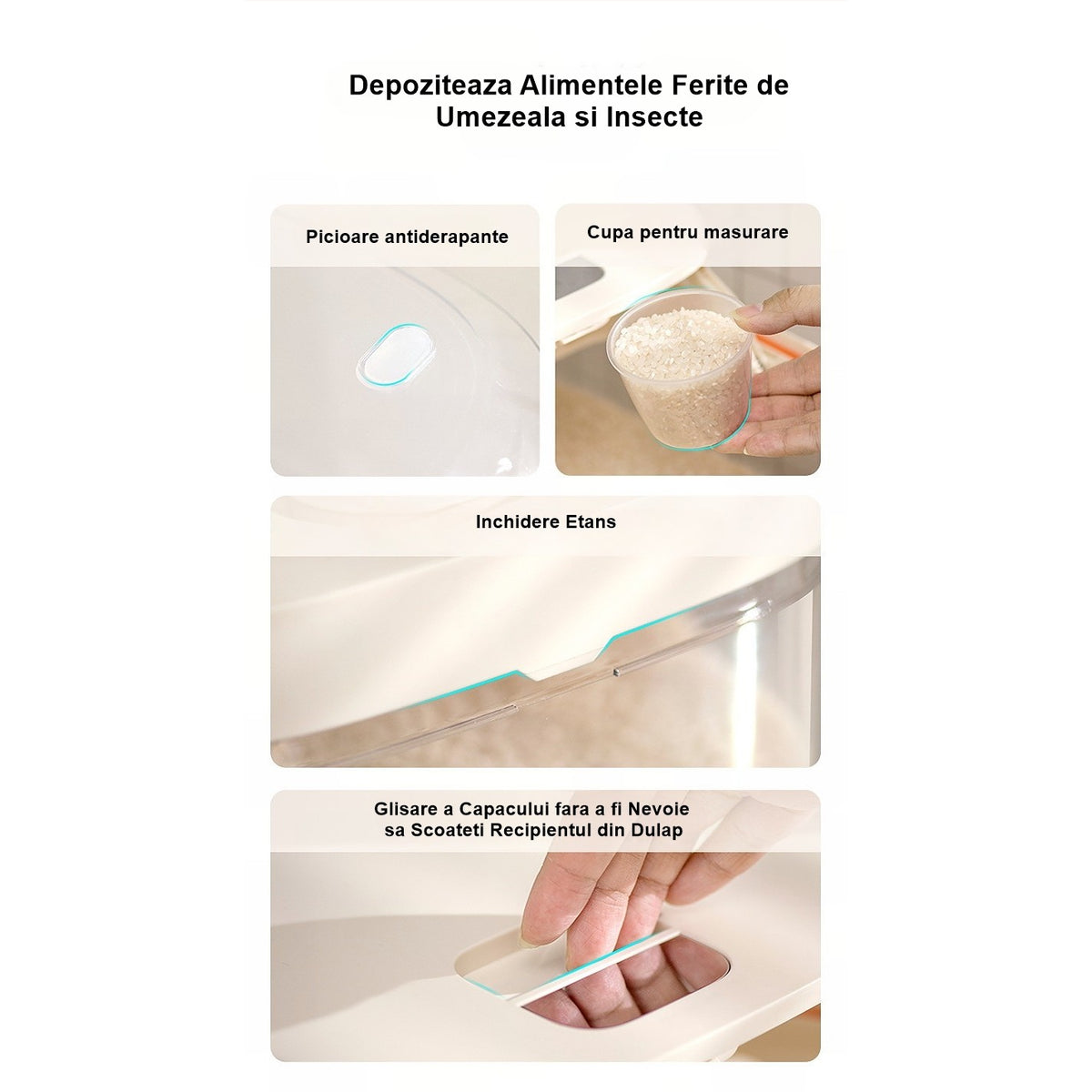 Cutie Depozitare Alimente Vrac, Recipient Sigilat cu Dozator Dublu și Filtru, Plastic Rezistent la Umiditate, Capacitate 10 kg, 37x26x19.5 cm, Alb