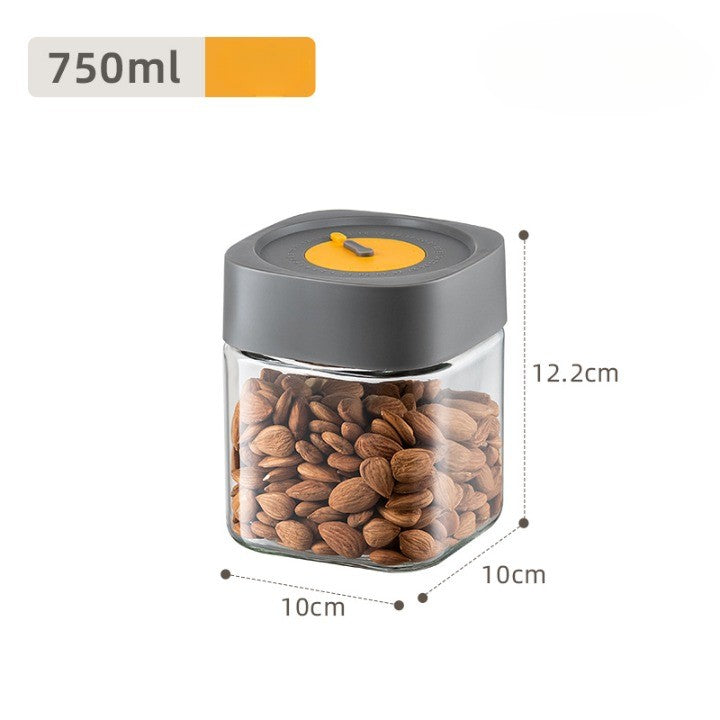 Borcan Alimentar din Sticla cu Capac Vid, Recipient Depozitare Ermetic, Design Patrat, Sistem de Conservare prin Vidare, Transparent cu Capac Gri, 750 ml, 10 x 10 x 12.5 cm