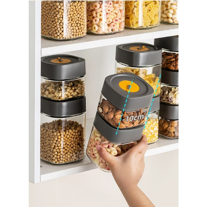Borcan Alimentar din Sticla cu Capac Vid, Recipient Depozitare Ermetic, Design Patrat, Sistem de Conservare prin Vidare, Transparent cu Capac Gri, 750 ml, 10 x 10 x 12.5 cm