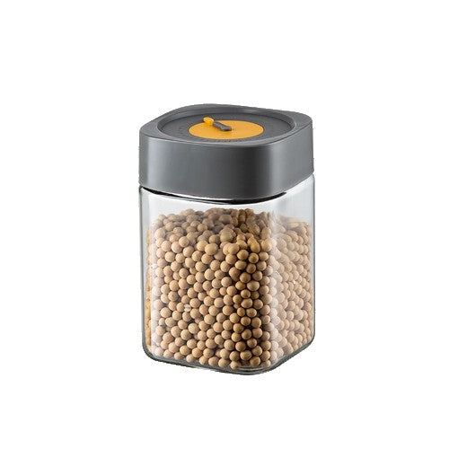 Borcan Alimentar din Sticla cu Capac Vid, Recipient Depozitare cu Inchidere Ermetica si Supapa, Design Patrat Modern, 1000 ml, 10 x 10 x 15.5 cm, Transparent cu Capac Gri