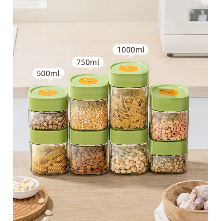 Borcan Alimentar din Sticla cu Capac Vid, Recipient Depozitare Etans cu Supapa de Aerisire, Forma Patrata, Transparent cu Verde, 750 ml, 10 x 10 x 12.5 cm
