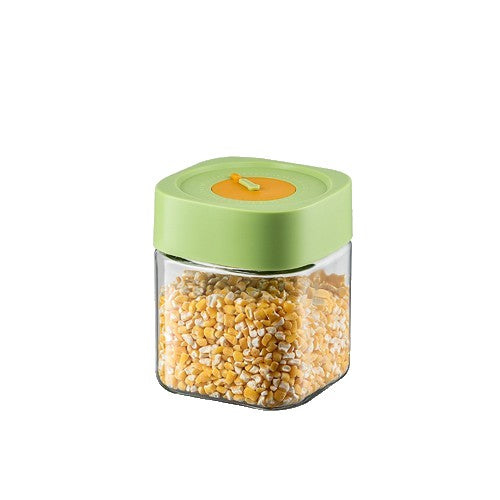 Borcan Alimentar din Sticla cu Capac Vid, Recipient Depozitare Etans cu Supapa de Aerisire, Forma Patrata, Transparent cu Verde, 750 ml, 10 x 10 x 12.5 cm