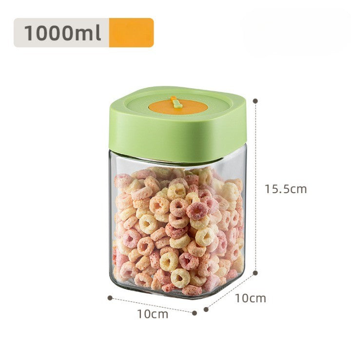 Borcan Alimentar din Sticla cu Capac Vid, Recipient Depozitare Ermetic, Design Patrat cu Supapa, Transparent cu Verde, 1000 ml, 10 x 10 x 15.5 cm