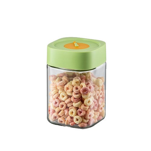 Borcan Alimentar din Sticla cu Capac Vid, Recipient Depozitare Ermetic, Design Patrat cu Supapa, Transparent cu Verde, 1000 ml, 10 x 10 x 15.5 cm