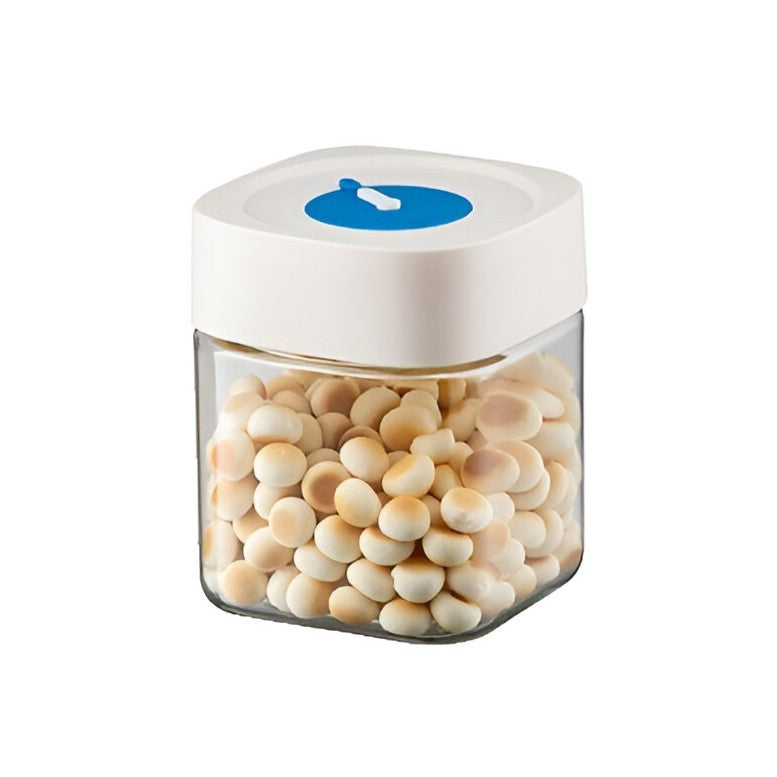 Borcan Depozitare Alimente cu Capac Ermetic si Indicator de Data, Sticla Transparenta, 750 mL, 10x10x12.2 cm, Alb