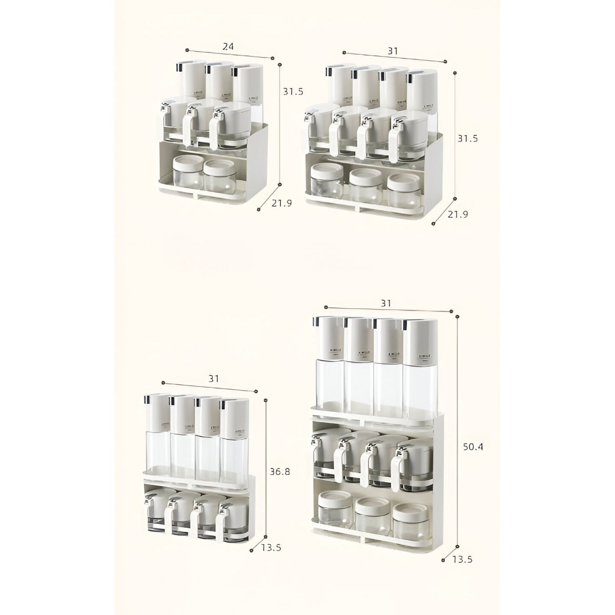 Suport Organizator Condimente și Recipiente Ulei, Montare pe Perete sau Blat, Set 9 Piese cu Cutiute Etanșe, Plastic Rezistent, 31x13.5x36.8cm, Alb